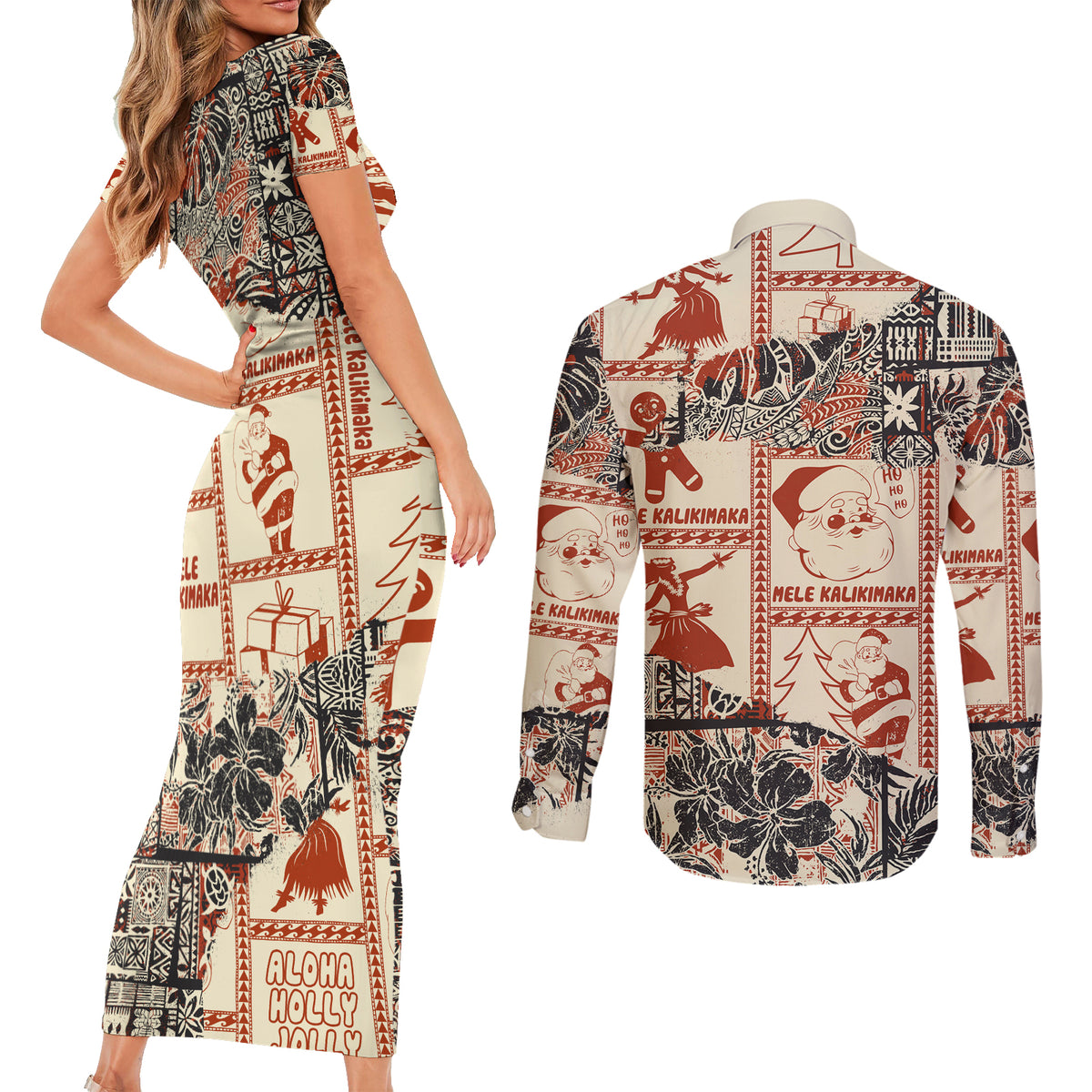 Aloha Hawaii Christmas Couples Matching Short Sleeve Bodycon Dress and Long Sleeve Button Shirt Mele Kalikimaka Tapa Tribal Retro Style LT9 - Polynesian Pride