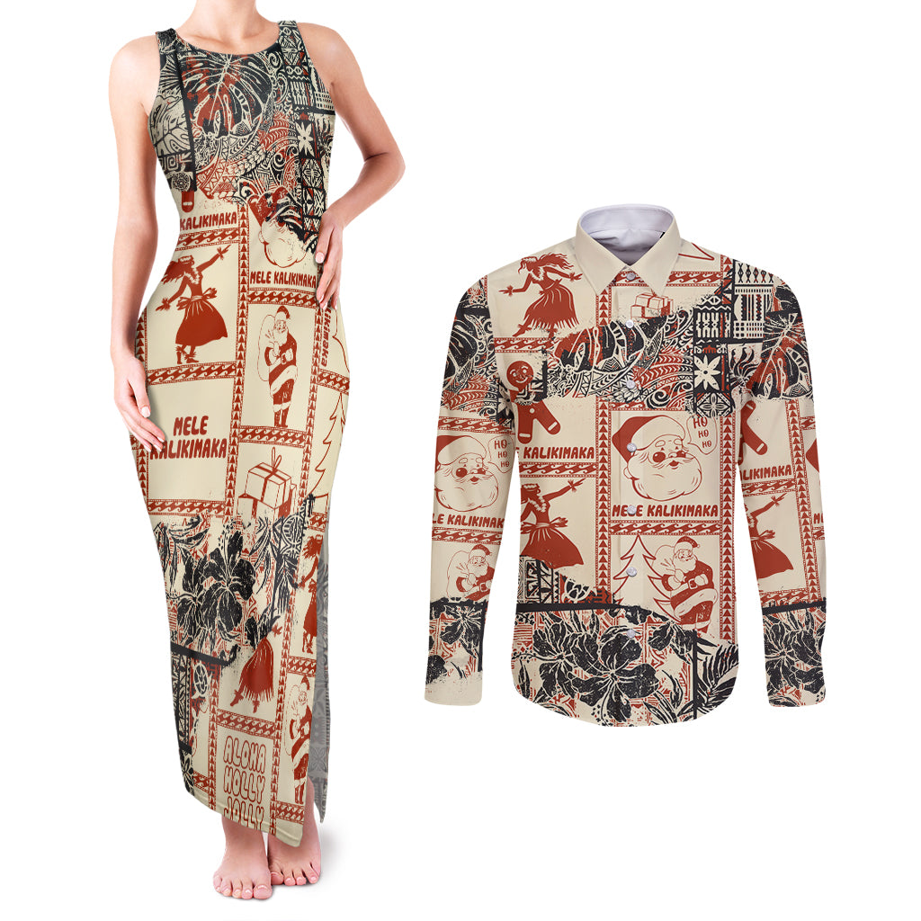 Aloha Hawaii Christmas Couples Matching Tank Maxi Dress and Long Sleeve Button Shirt Mele Kalikimaka Tapa Tribal Retro Style LT9 Beige - Polynesian Pride