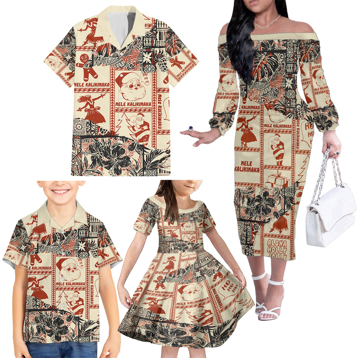 Aloha Hawaii Christmas Family Matching Off Shoulder Long Sleeve Dress and Hawaiian Shirt Mele Kalikimaka Tapa Tribal Retro Style LT9 - Polynesian Pride