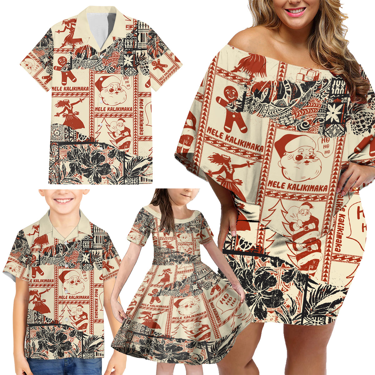 Aloha Hawaii Christmas Family Matching Off Shoulder Short Dress and Hawaiian Shirt Mele Kalikimaka Tapa Tribal Retro Style LT9 - Polynesian Pride