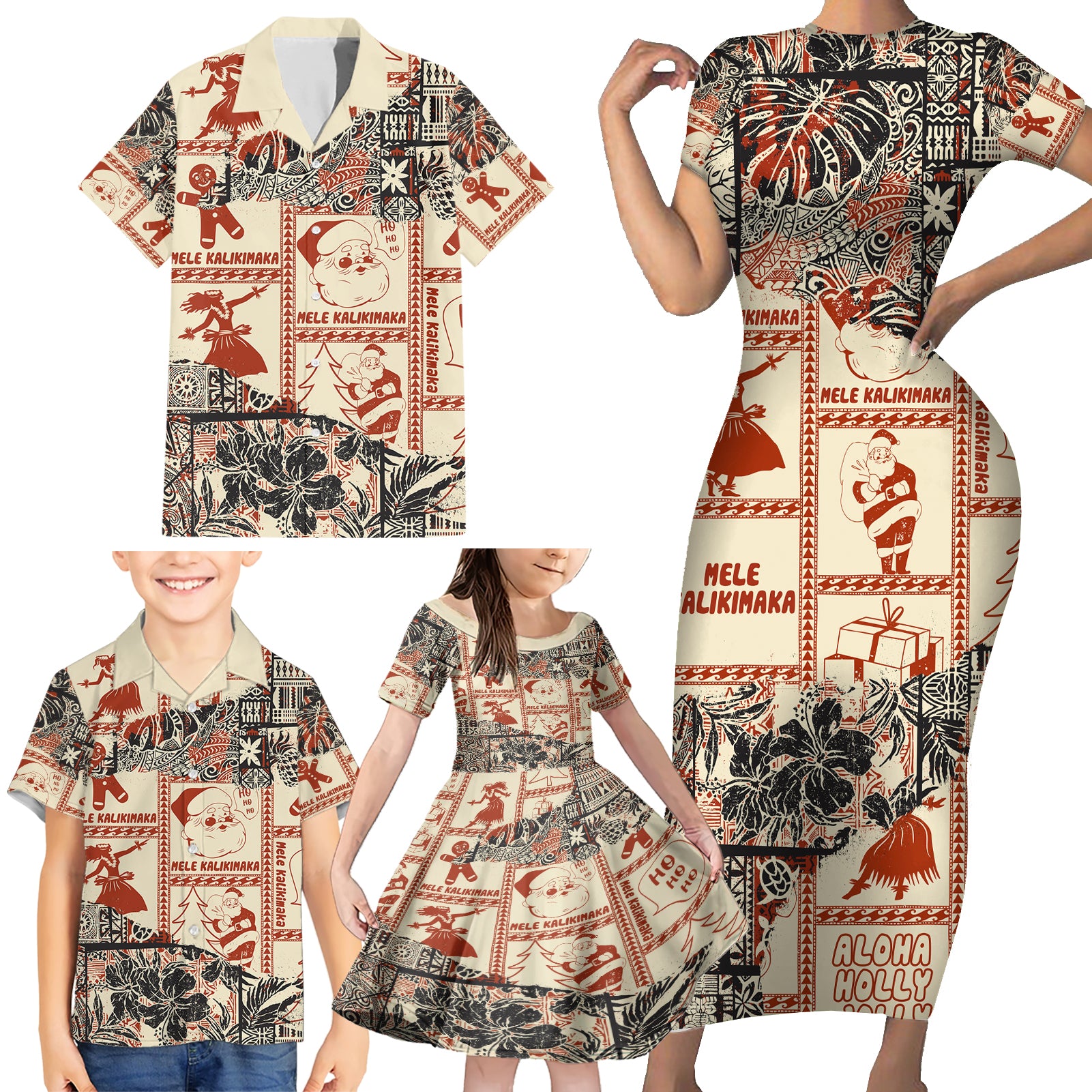 Aloha Hawaii Christmas Family Matching Short Sleeve Bodycon Dress and Hawaiian Shirt Mele Kalikimaka Tapa Tribal Retro Style LT9 - Polynesian Pride