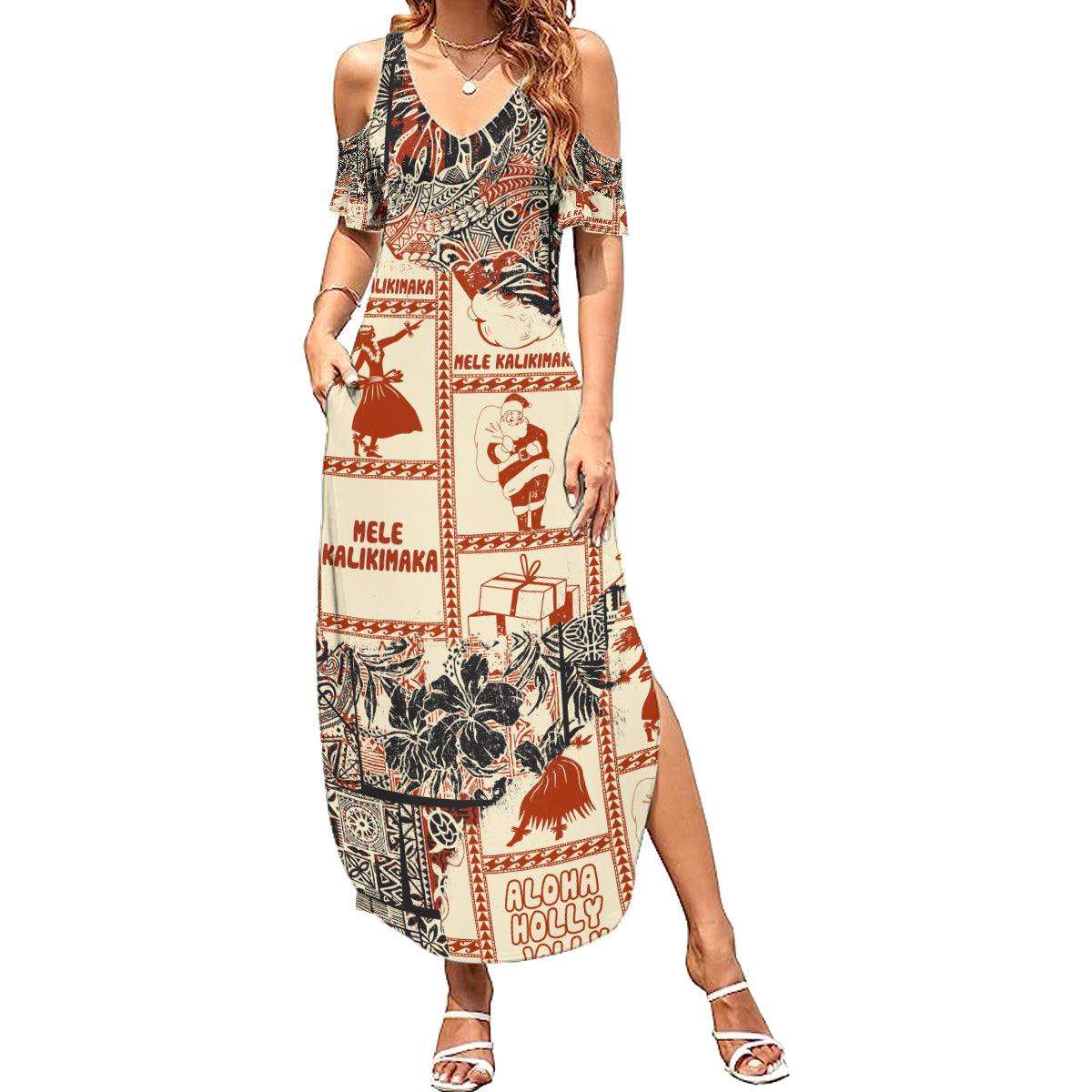 Aloha Hawaii Christmas Family Matching Summer Maxi Dress and Hawaiian Shirt Mele Kalikimaka Tapa Tribal Retro Style LT9 Mom's Dress Beige - Polynesian Pride