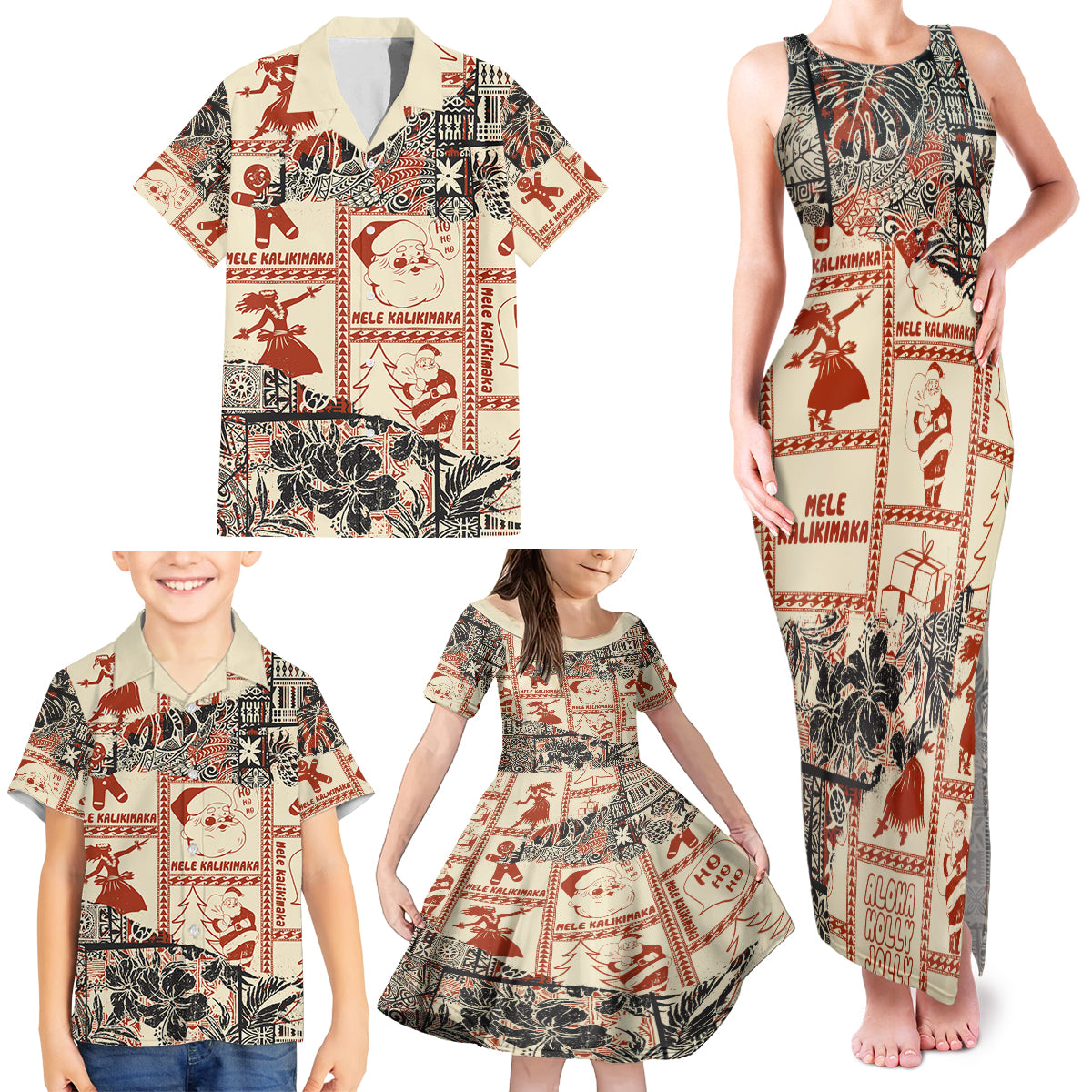 Aloha Hawaii Christmas Family Matching Tank Maxi Dress and Hawaiian Shirt Mele Kalikimaka Tapa Tribal Retro Style LT9 - Polynesian Pride