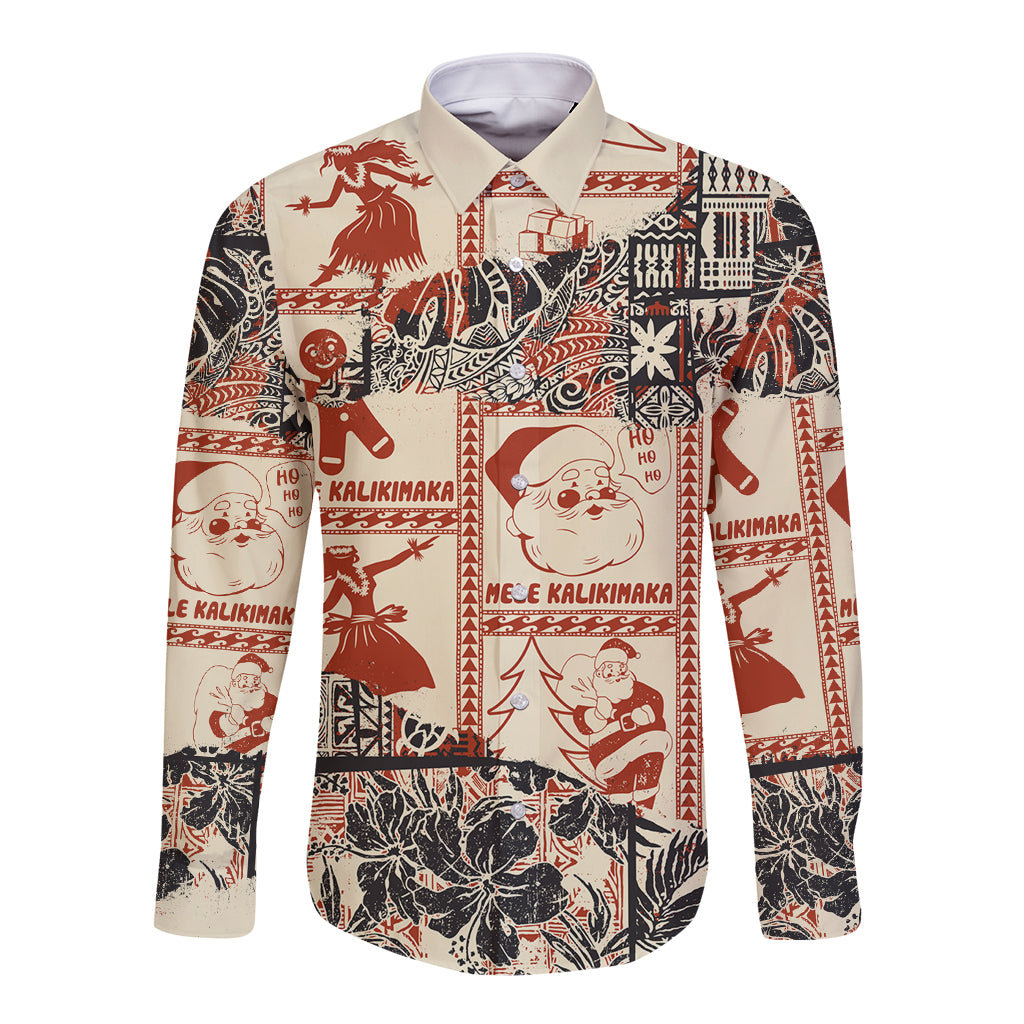 Aloha Hawaii Christmas Long Sleeve Button Shirt Mele Kalikimaka Tapa Tribal Retro Style LT9 Unisex Beige - Polynesian Pride