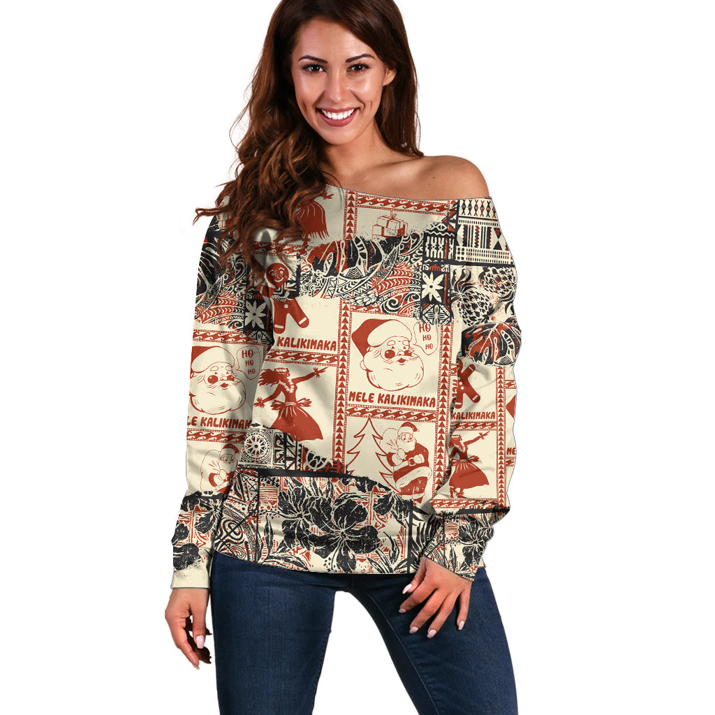 Aloha Hawaii Christmas Off Shoulder Sweater Mele Kalikimaka Tapa Tribal Retro Style LT9 Women Beige - Polynesian Pride