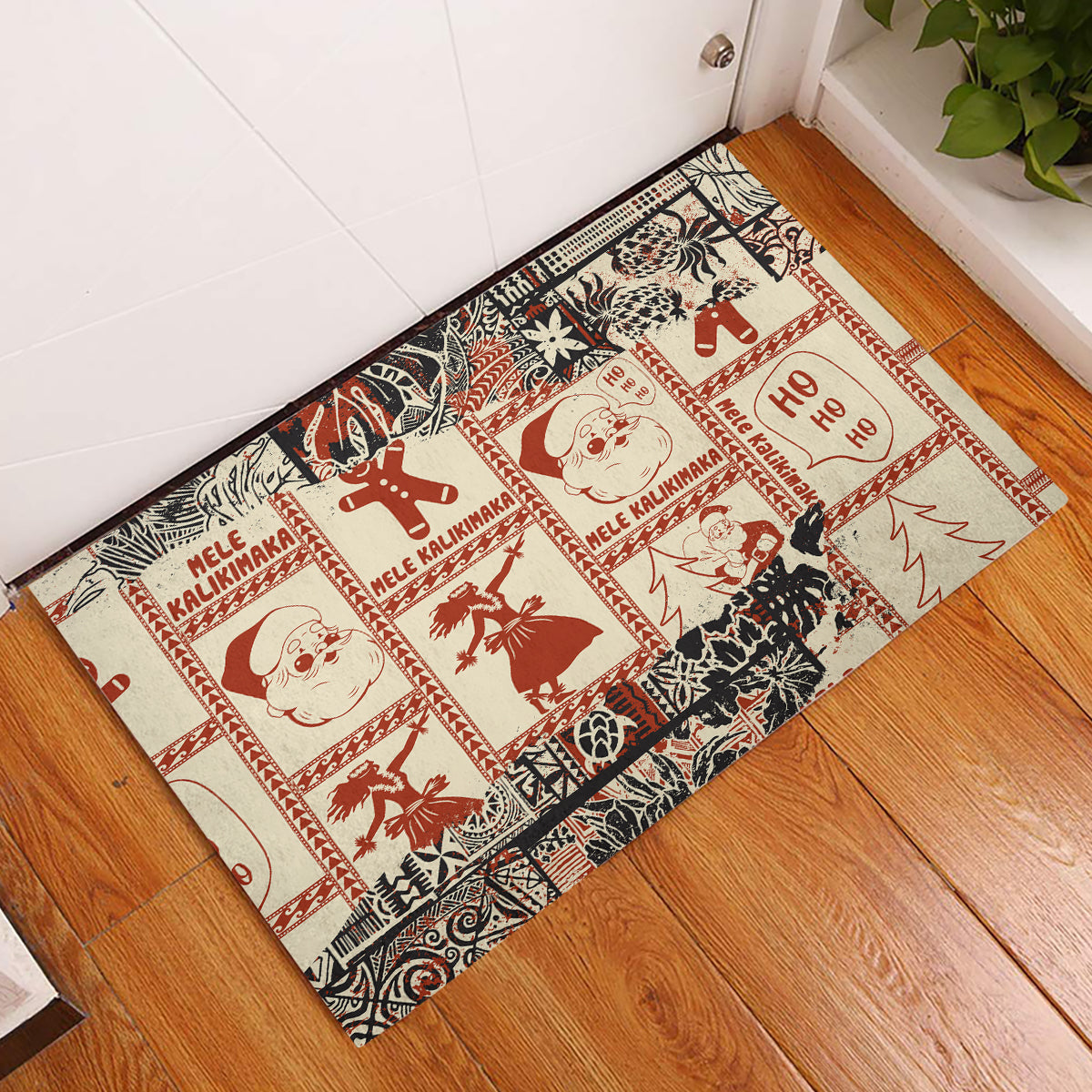 Aloha Hawaii Christmas Rubber Doormat Mele Kalikimaka Tapa Tribal Retro Style LT9 Beige - Polynesian Pride