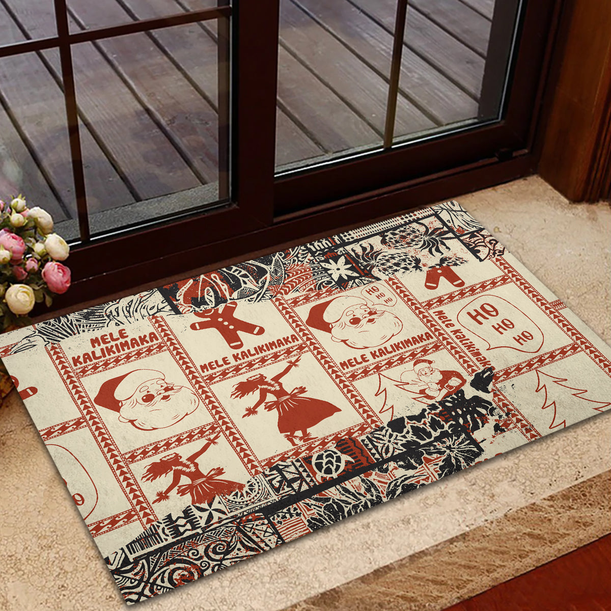 Aloha Hawaii Christmas Rubber Doormat Mele Kalikimaka Tapa Tribal Retro Style LT9 - Polynesian Pride