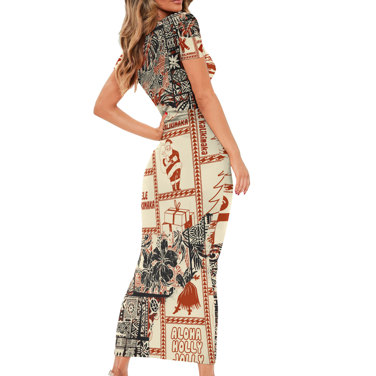 Aloha Hawaii Christmas Short Sleeve Bodycon Dress Mele Kalikimaka Tapa Tribal Retro Style LT9 - Polynesian Pride