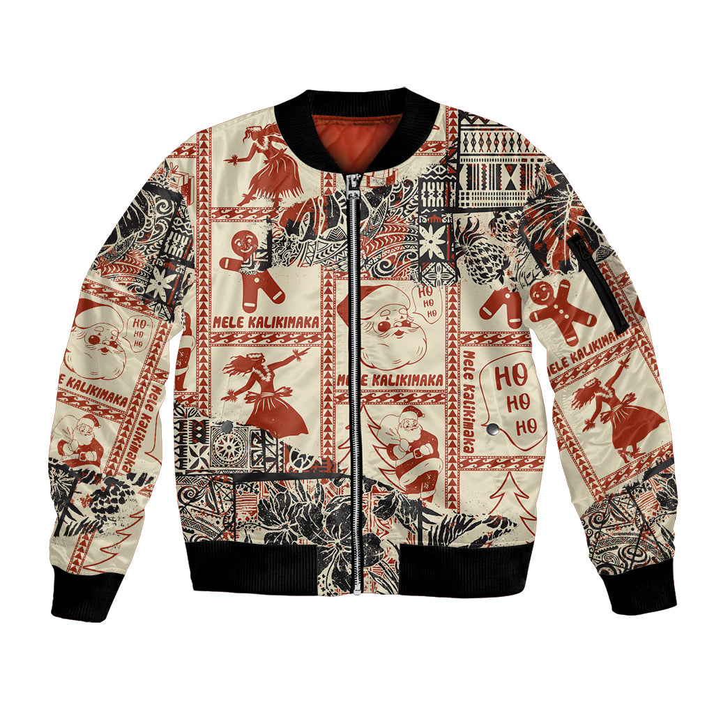 Aloha Hawaii Christmas Sleeve Zip Bomber Jacket Mele Kalikimaka Tapa Tribal Retro Style LT9 Unisex Beige - Polynesian Pride