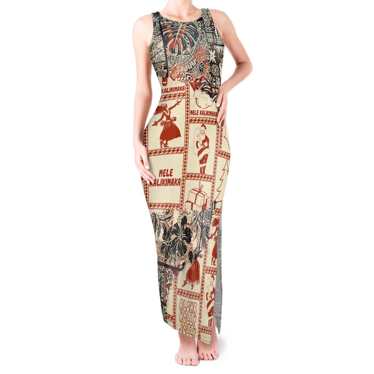 Aloha Hawaii Christmas Tank Maxi Dress Mele Kalikimaka Tapa Tribal Retro Style LT9 Women Beige - Polynesian Pride