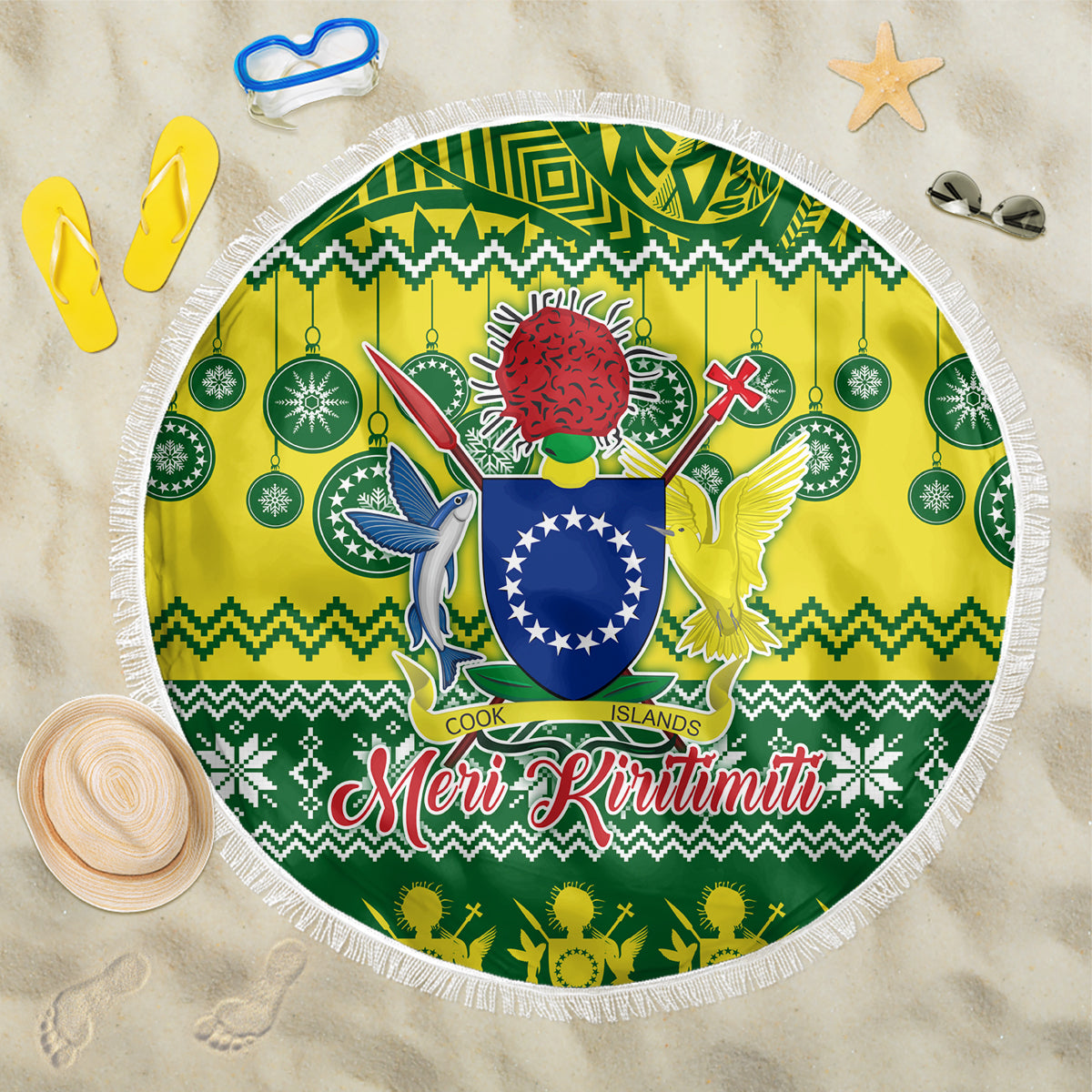 Cook Islands Christmas Beach Blanket Santa Beach Meri Kiritimiti LT9 One Size 150cm Green - Polynesian Pride