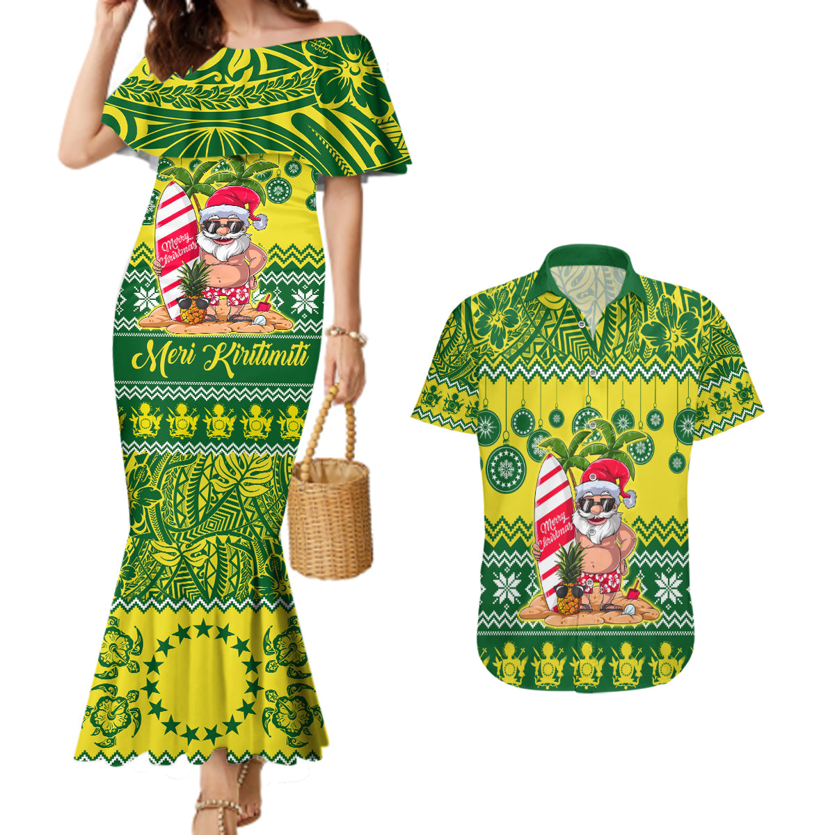 Cook Islands Christmas Couples Matching Mermaid Dress and Hawaiian Shirt Santa Beach Meri Kiritimiti LT9 Green - Polynesian Pride