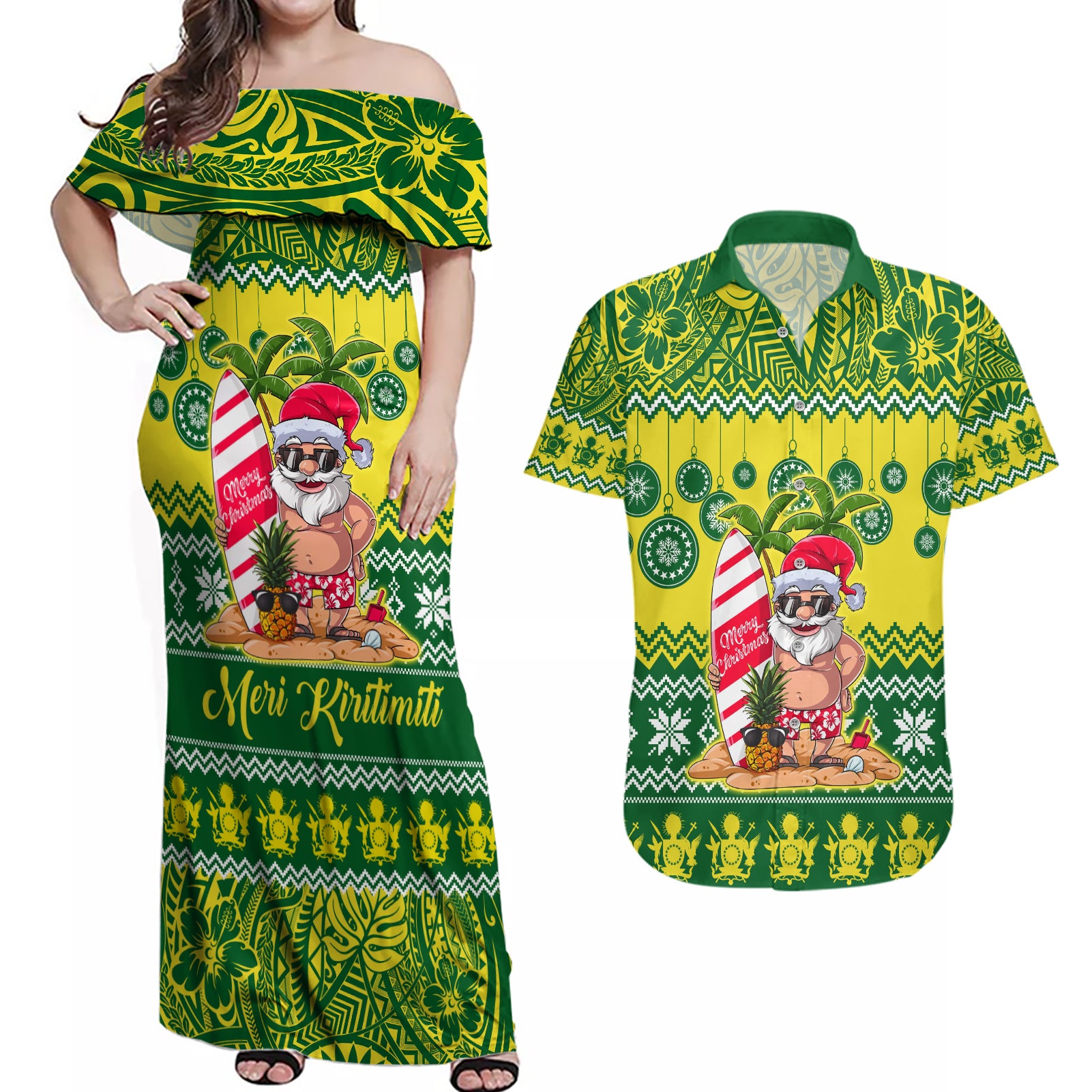 Cook Islands Christmas Couples Matching Off Shoulder Maxi Dress and Hawaiian Shirt Santa Beach Meri Kiritimiti LT9 Green - Polynesian Pride