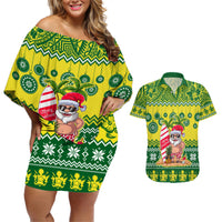 Cook Islands Christmas Couples Matching Off Shoulder Short Dress and Hawaiian Shirt Santa Beach Meri Kiritimiti LT9 Green - Polynesian Pride