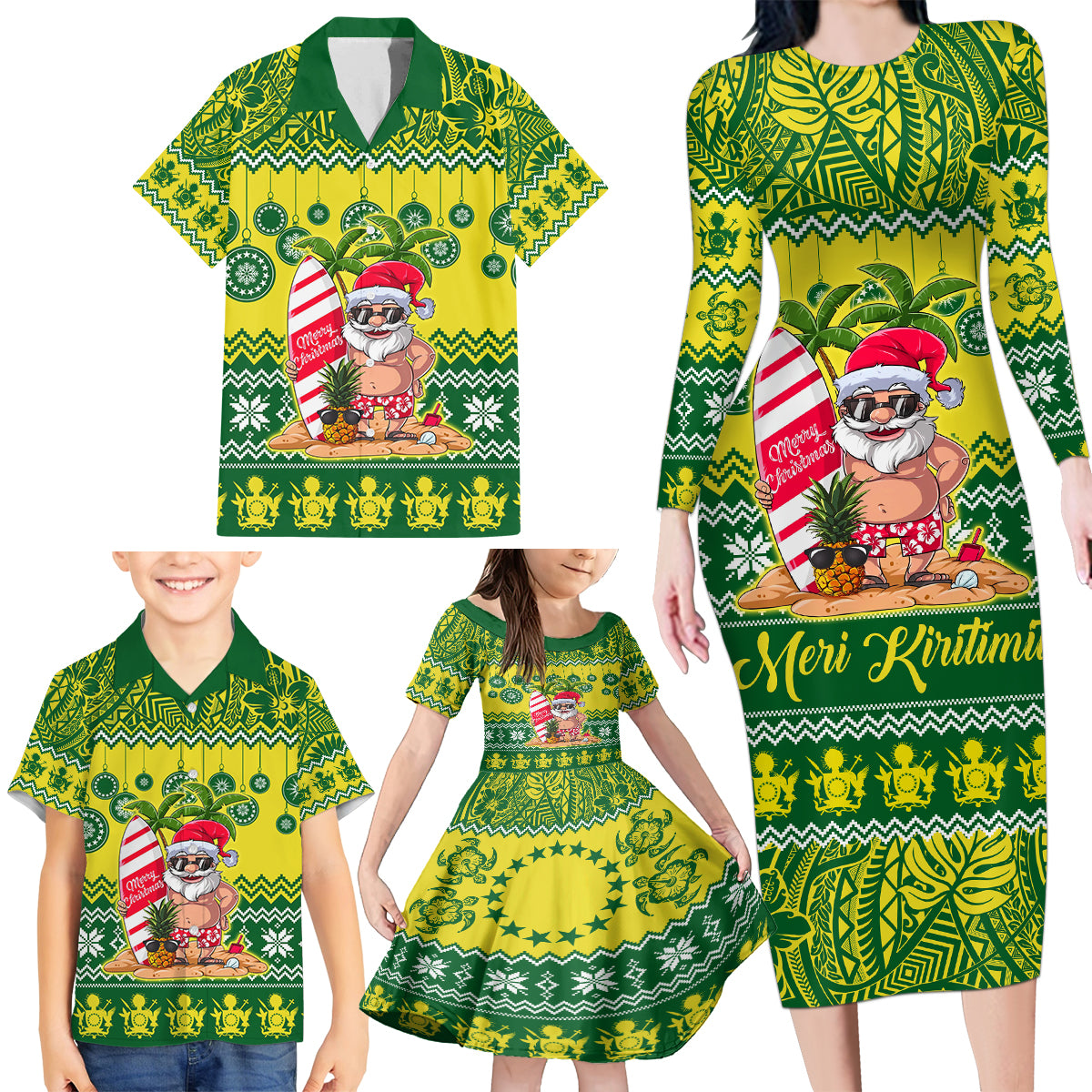 Cook Islands Christmas Family Matching Long Sleeve Bodycon Dress and Hawaiian Shirt Santa Beach Meri Kiritimiti LT9 - Polynesian Pride