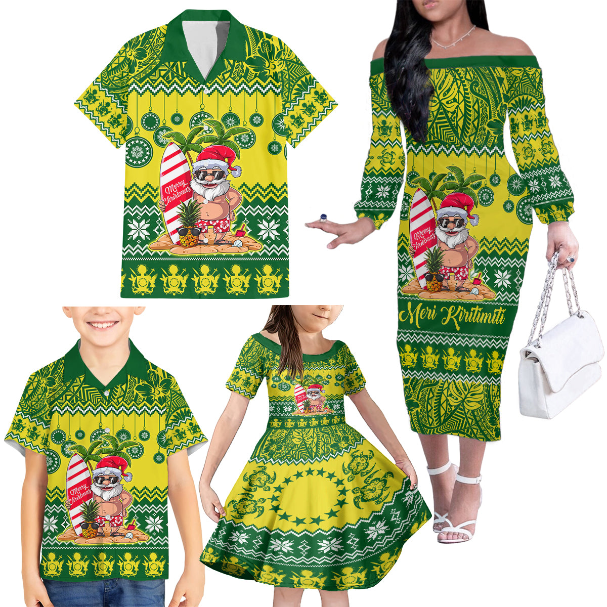 Cook Islands Christmas Family Matching Off Shoulder Long Sleeve Dress and Hawaiian Shirt Santa Beach Meri Kiritimiti LT9 - Polynesian Pride