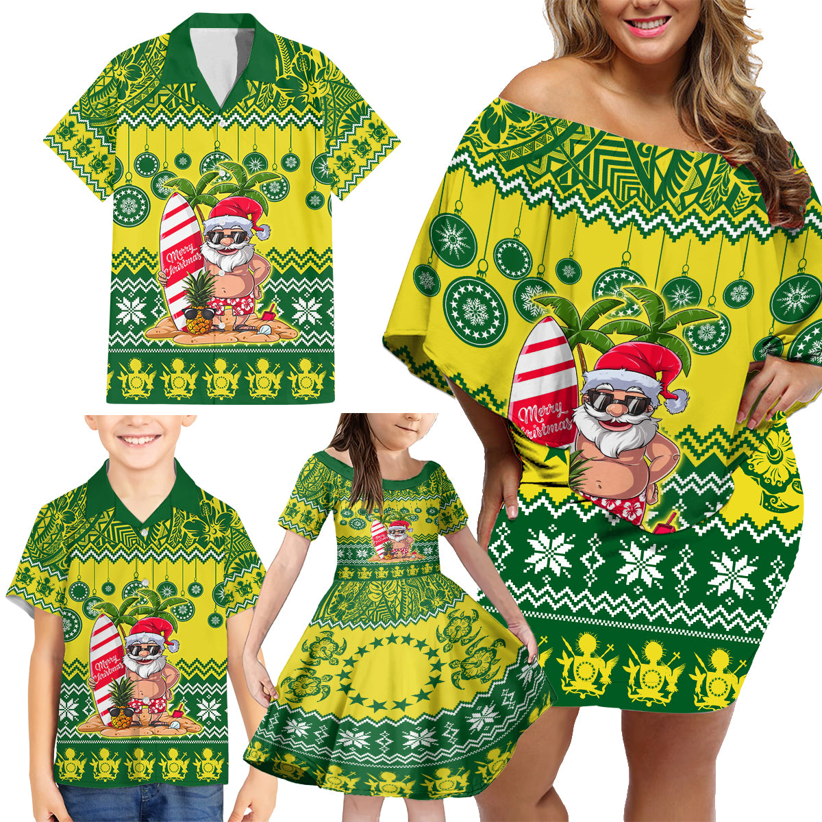 Cook Islands Christmas Family Matching Off Shoulder Short Dress and Hawaiian Shirt Santa Beach Meri Kiritimiti LT9 - Polynesian Pride