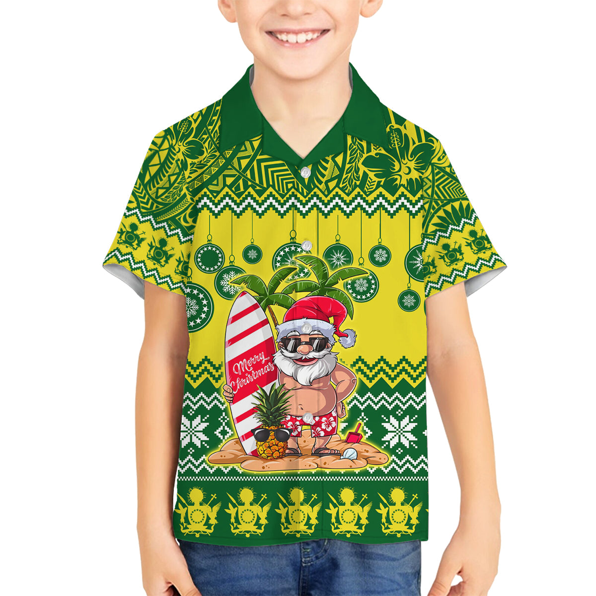 Cook Islands Christmas Family Matching Off Shoulder Short Dress and Hawaiian Shirt Santa Beach Meri Kiritimiti LT9 Son's Shirt Green - Polynesian Pride