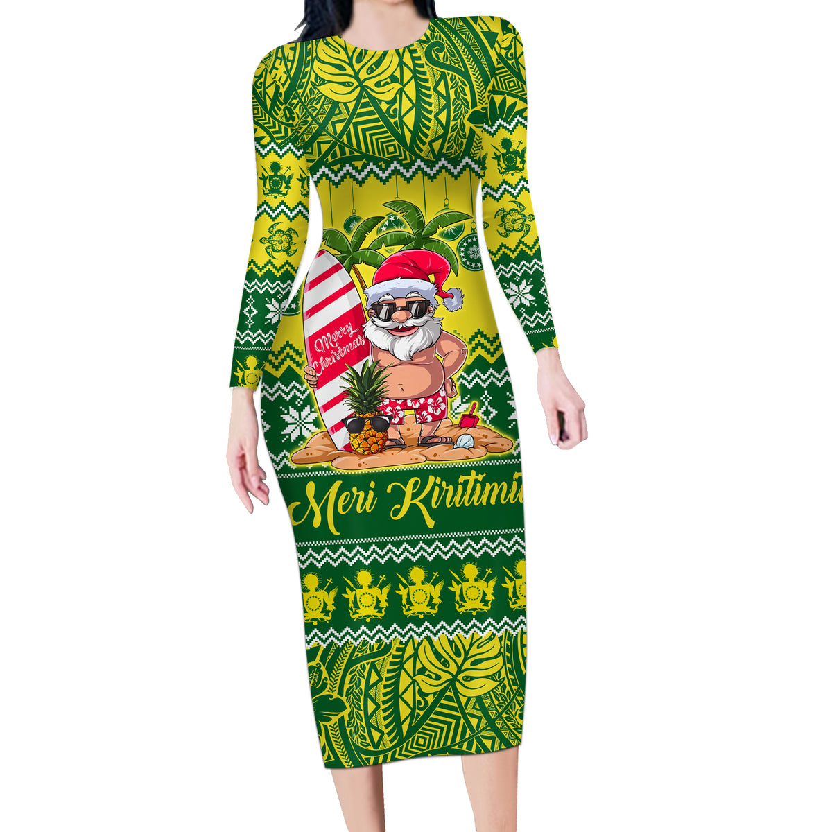 Cook Islands Christmas Long Sleeve Bodycon Dress Santa Beach Meri Kiritimiti LT9 Long Dress Green - Polynesian Pride