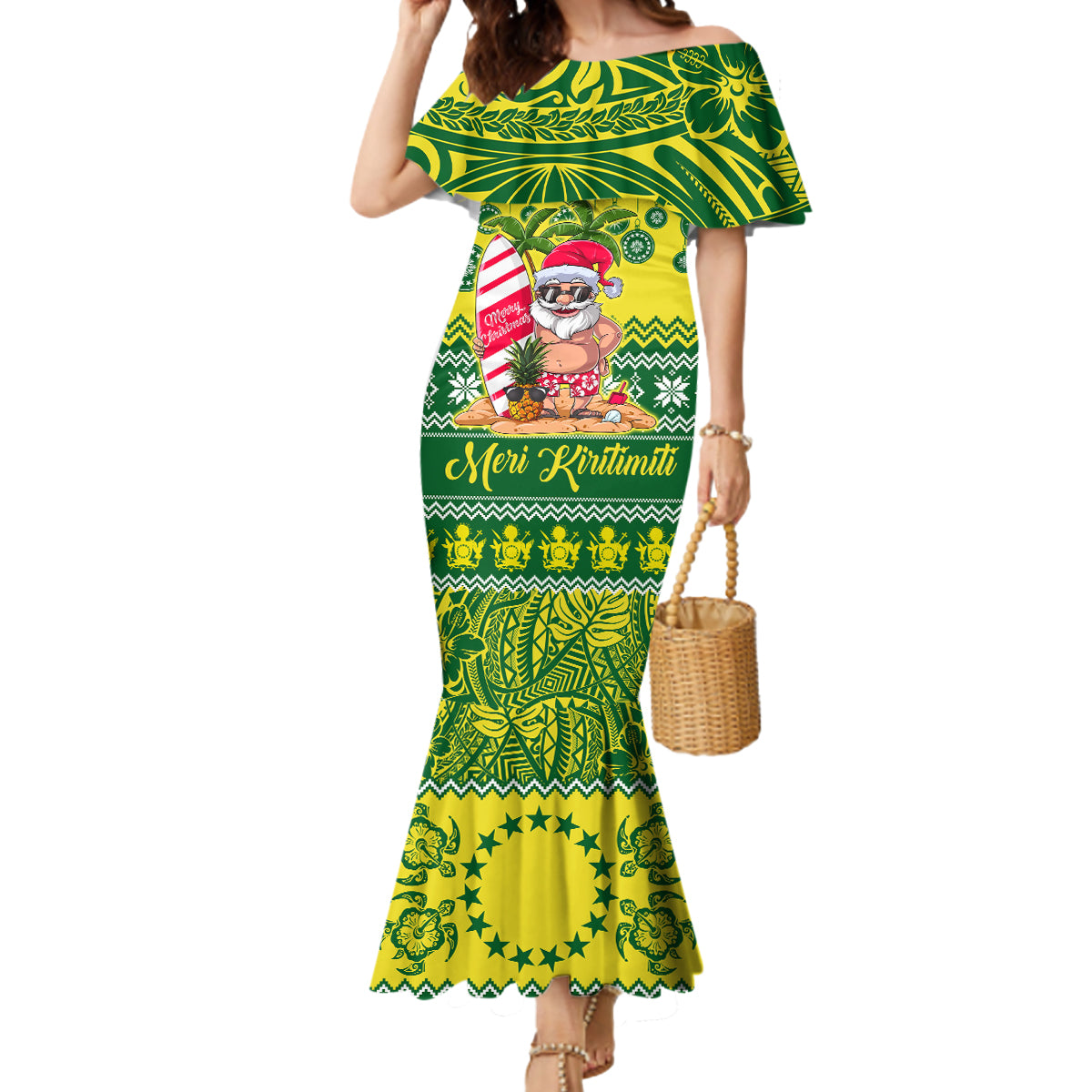 Cook Islands Christmas Mermaid Dress Santa Beach Meri Kiritimiti LT9 Women Green - Polynesian Pride