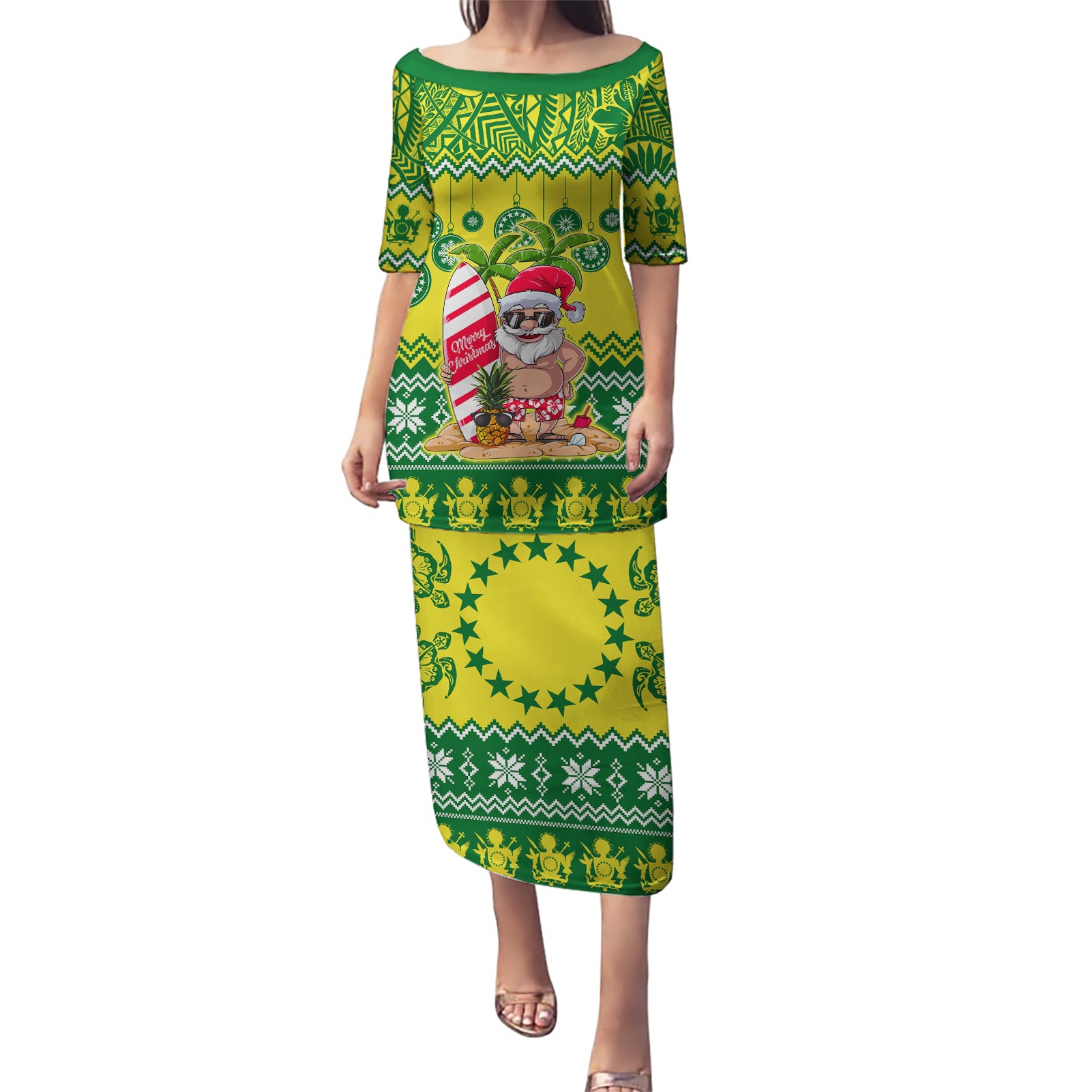 Cook Islands Christmas Puletasi Santa Beach Meri Kiritimiti LT9 Long Dress Green - Polynesian Pride