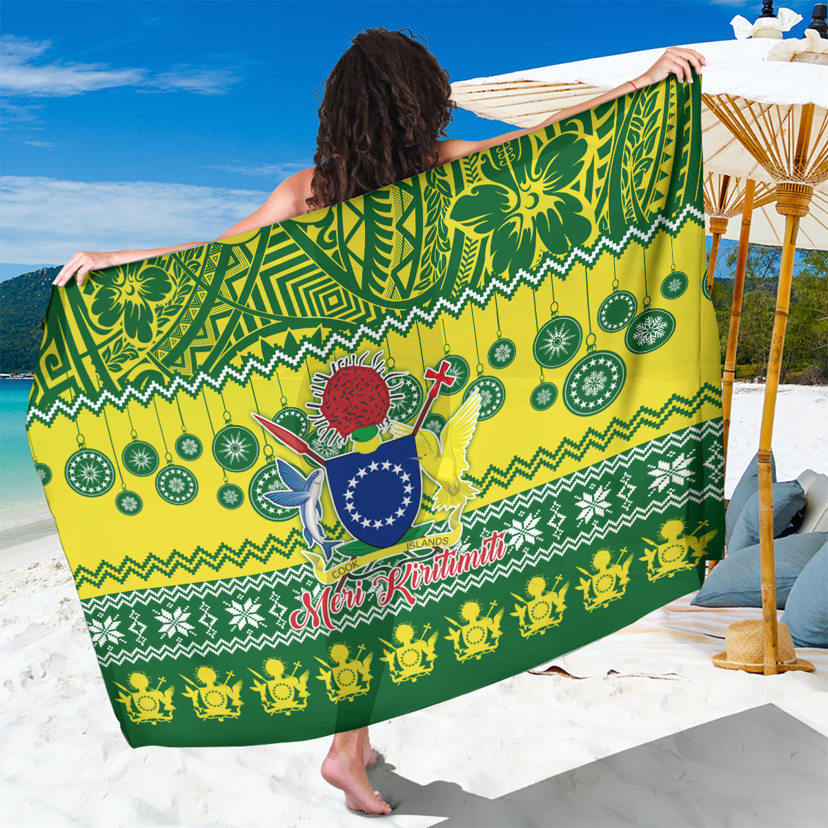 Cook Islands Christmas Sarong Santa Beach Meri Kiritimiti LT9 One Size 44 x 66 inches Green - Polynesian Pride