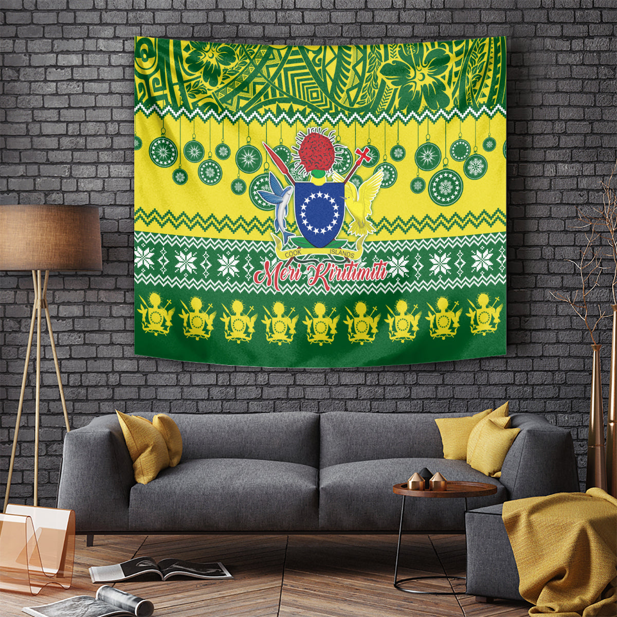 Cook Islands Christmas Tapestry Santa Beach Meri Kiritimiti LT9 Green - Polynesian Pride