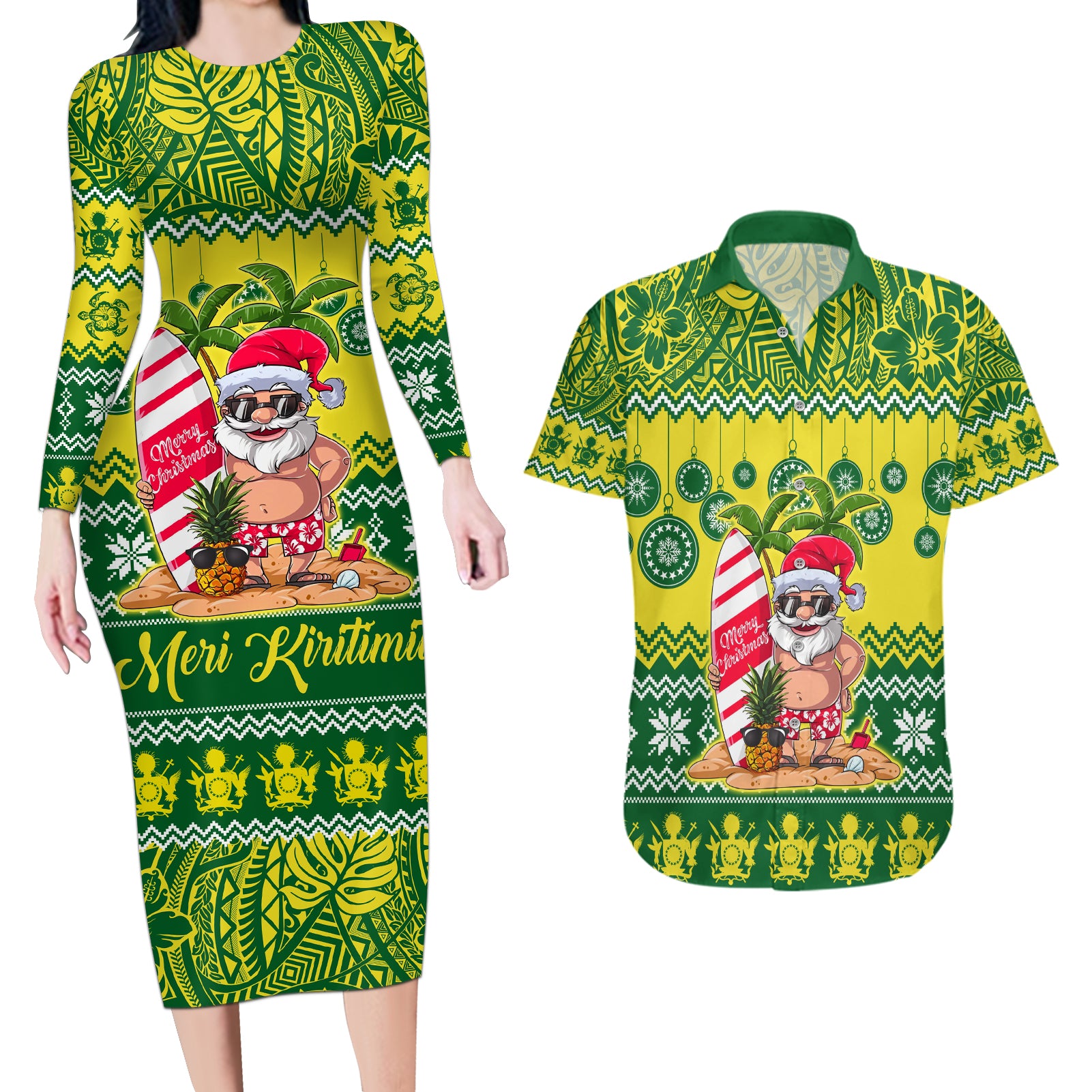 Personalised Cook Islands Christmas Couples Matching Long Sleeve Bodycon Dress and Hawaiian Shirt Santa Beach Meri Kiritimiti LT9 Green - Polynesian Pride