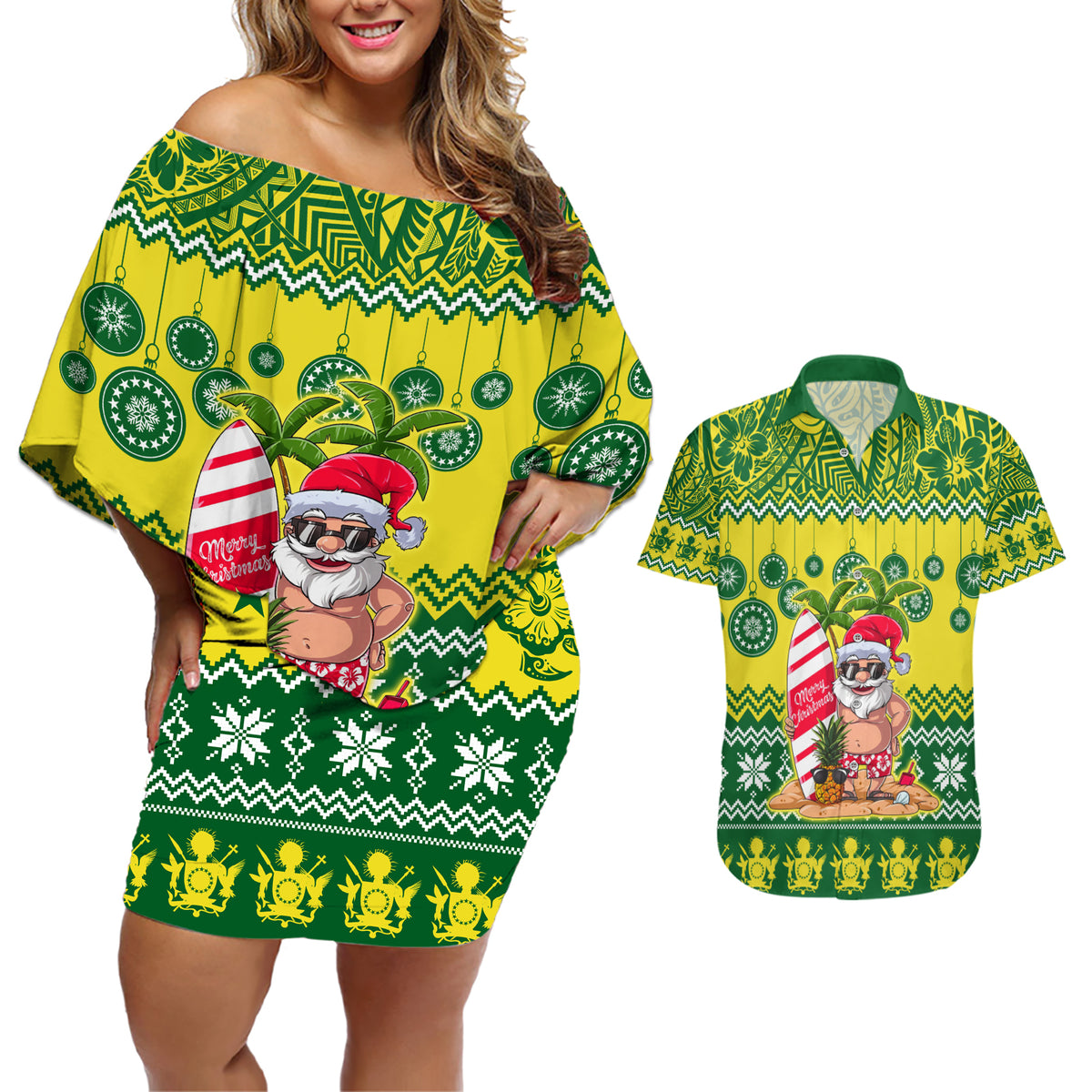 Personalised Cook Islands Christmas Couples Matching Off Shoulder Short Dress and Hawaiian Shirt Santa Beach Meri Kiritimiti LT9 Green - Polynesian Pride