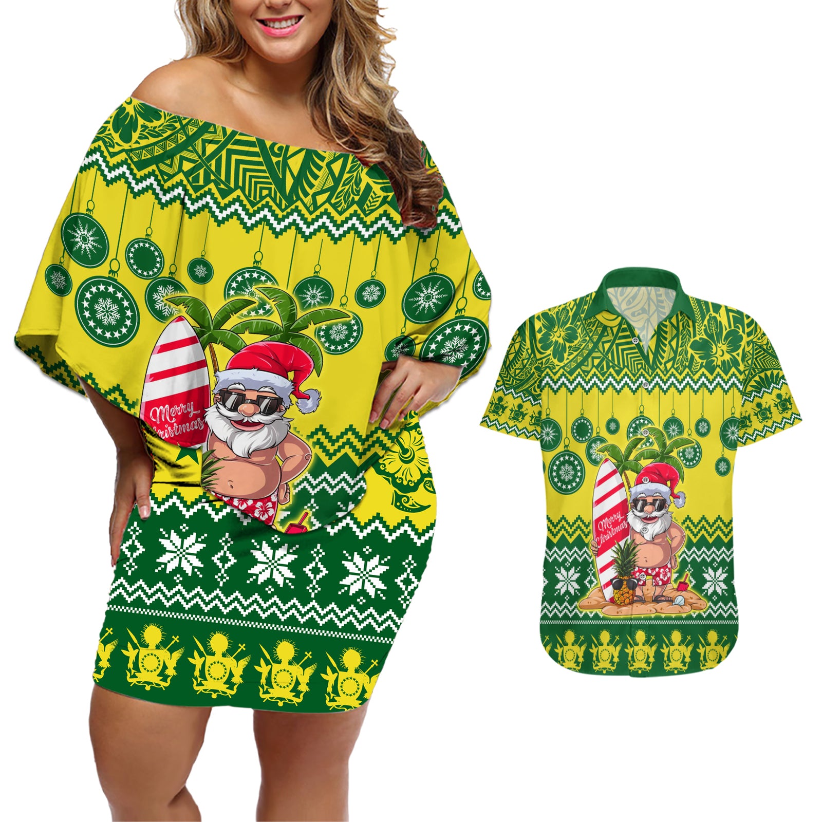 Personalised Cook Islands Christmas Couples Matching Off Shoulder Short Dress and Hawaiian Shirt Santa Beach Meri Kiritimiti LT9 Green - Polynesian Pride