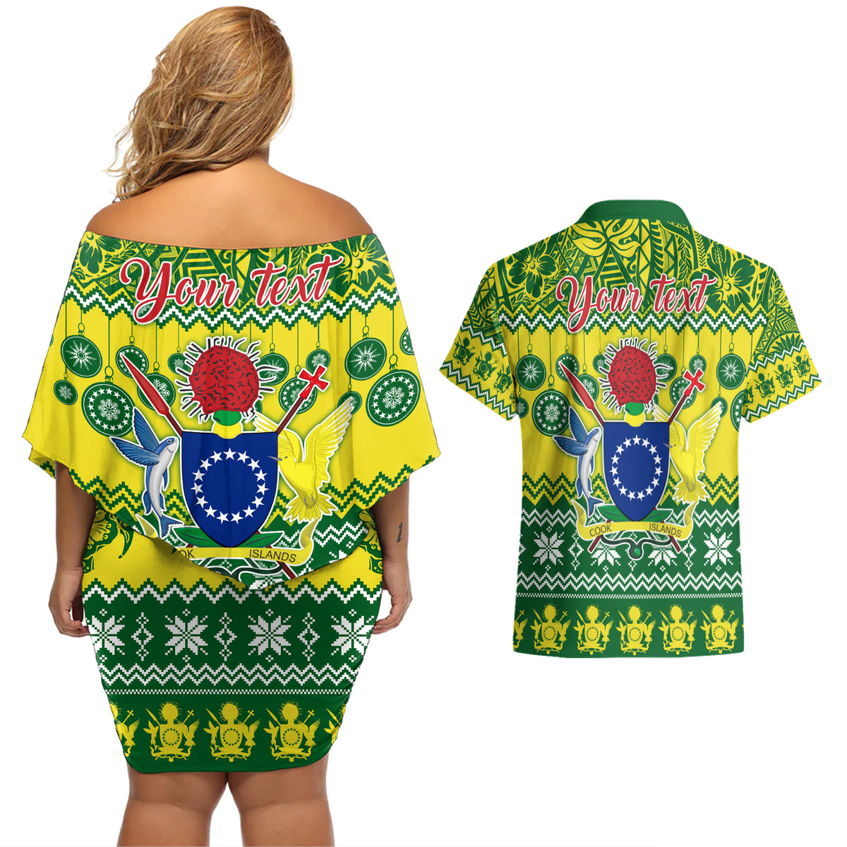 Personalised Cook Islands Christmas Couples Matching Off Shoulder Short Dress and Hawaiian Shirt Santa Beach Meri Kiritimiti LT9 - Polynesian Pride