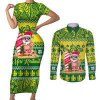 Personalised Cook Islands Christmas Couples Matching Short Sleeve Bodycon Dress and Long Sleeve Button Shirt Santa Beach Meri Kiritimiti LT9 Green - Polynesian Pride