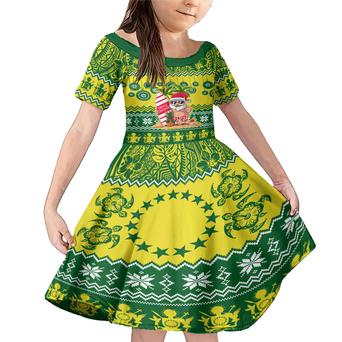 Personalised Cook Islands Christmas Family Matching Mermaid Dress and Hawaiian Shirt Santa Beach Meri Kiritimiti LT9 Daughter's Dress Green - Polynesian Pride