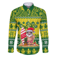 Personalised Cook Islands Christmas Family Matching Off Shoulder Long Sleeve Dress and Hawaiian Shirt Santa Beach Meri Kiritimiti LT9 Dad's Shirt - Long Sleeve Green - Polynesian Pride
