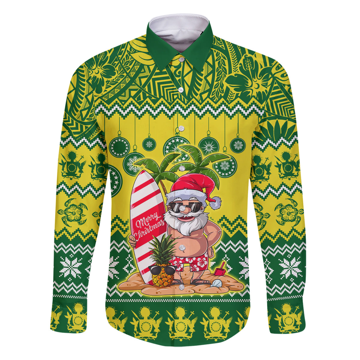 Personalised Cook Islands Christmas Family Matching Off Shoulder Short Dress and Hawaiian Shirt Santa Beach Meri Kiritimiti LT9 Dad's Shirt - Long Sleeve Green - Polynesian Pride