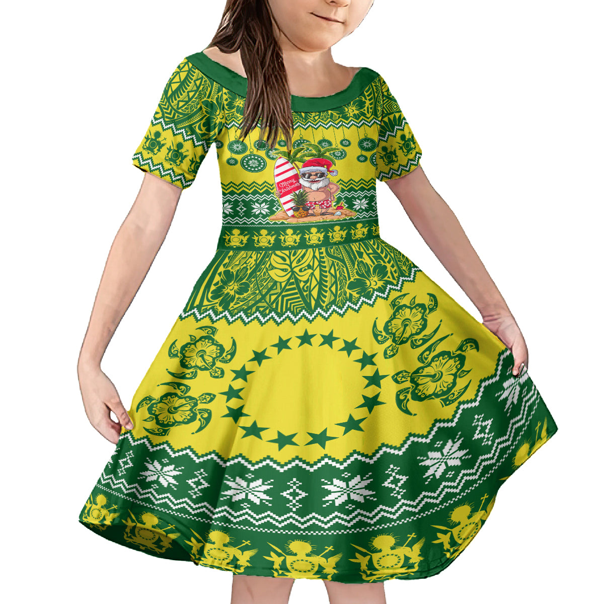 Personalised Cook Islands Christmas Family Matching Summer Maxi Dress and Hawaiian Shirt Santa Beach Meri Kiritimiti LT9 Daughter's Dress Green - Polynesian Pride
