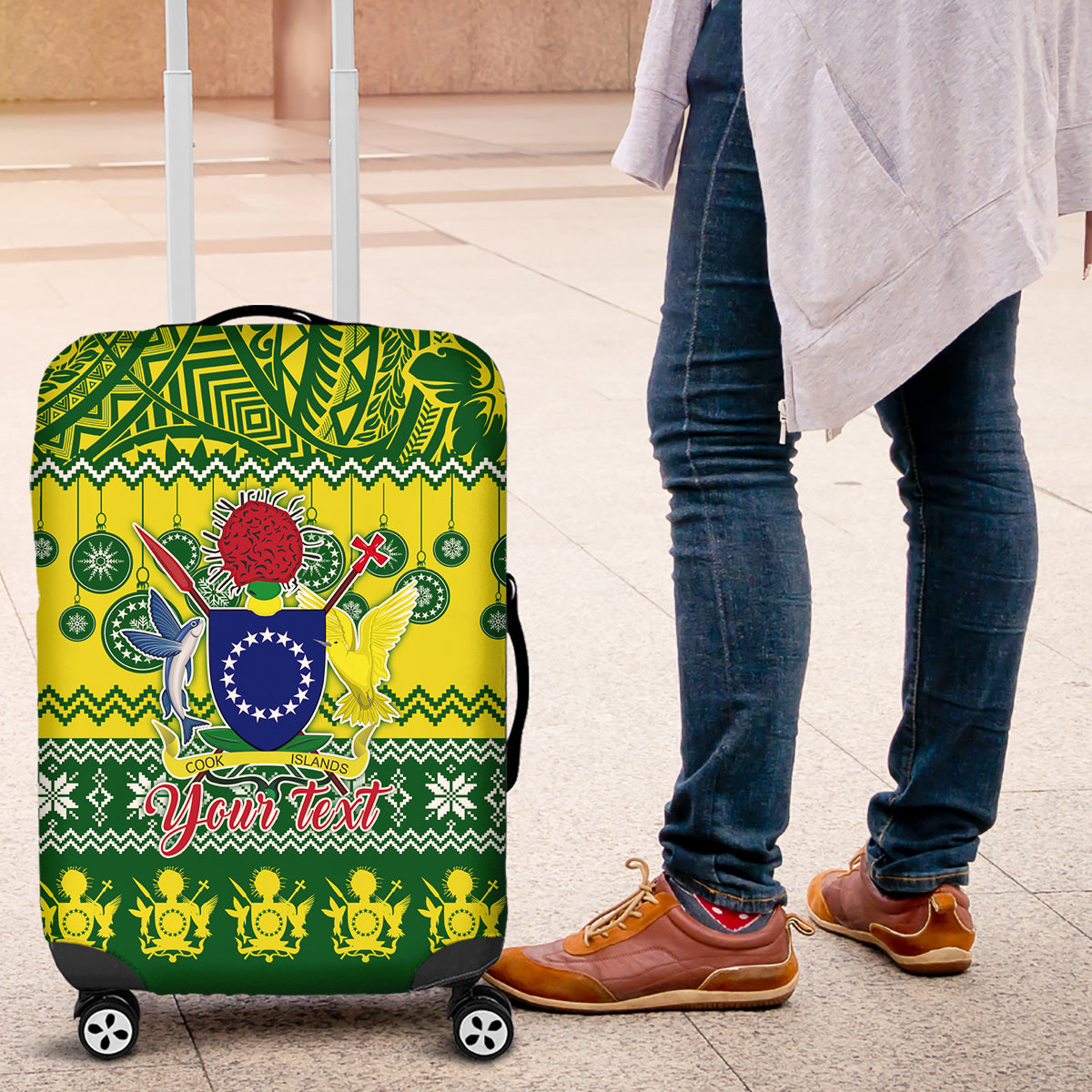 Personalised Cook Islands Christmas Luggage Cover Santa Beach Meri Kiritimiti LT9 Green - Polynesian Pride