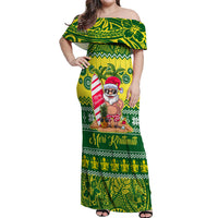 Personalised Cook Islands Christmas Off Shoulder Maxi Dress Santa Beach Meri Kiritimiti LT9 Women Green - Polynesian Pride