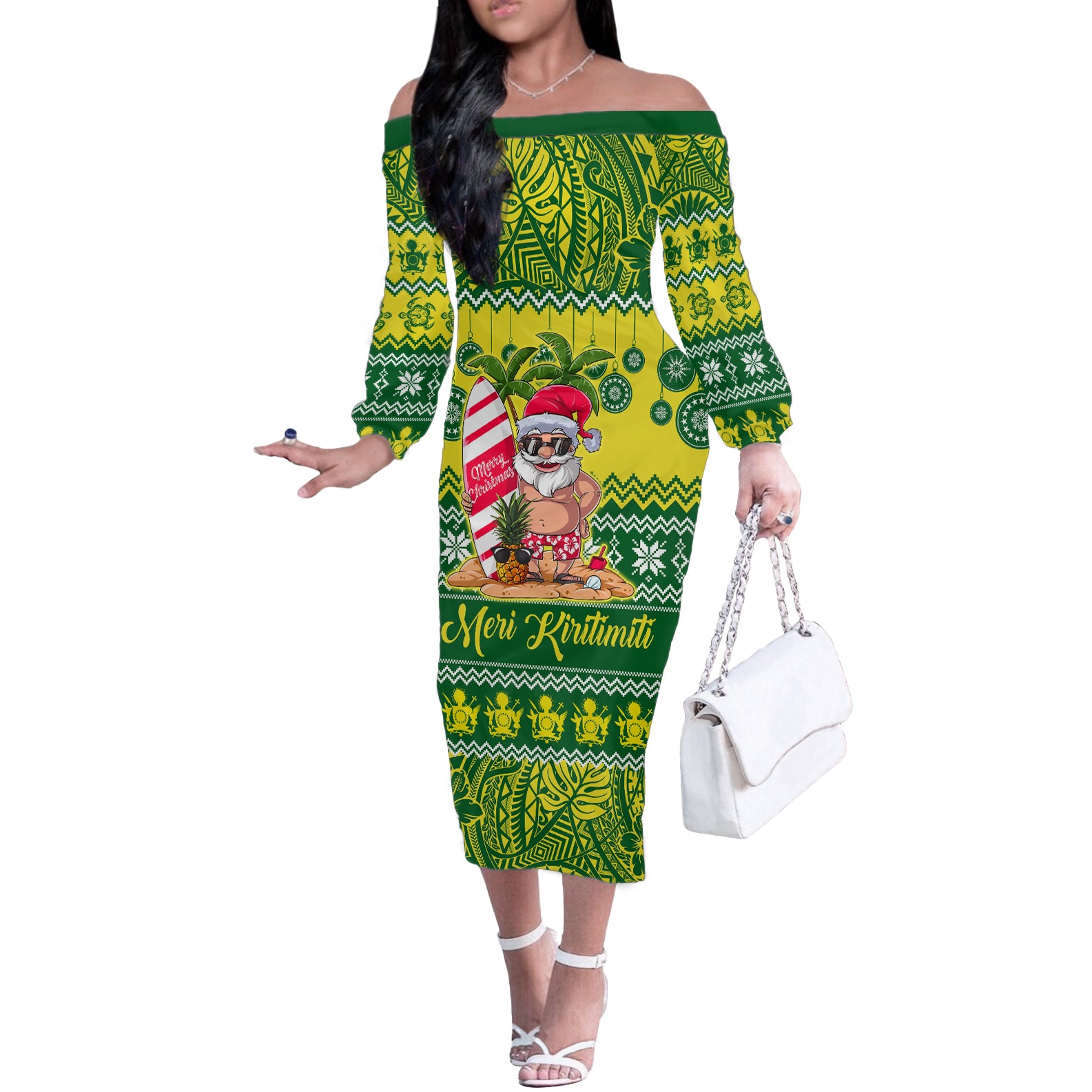 Personalised Cook Islands Christmas Off The Shoulder Long Sleeve Dress Santa Beach Meri Kiritimiti LT9 Women Green - Polynesian Pride