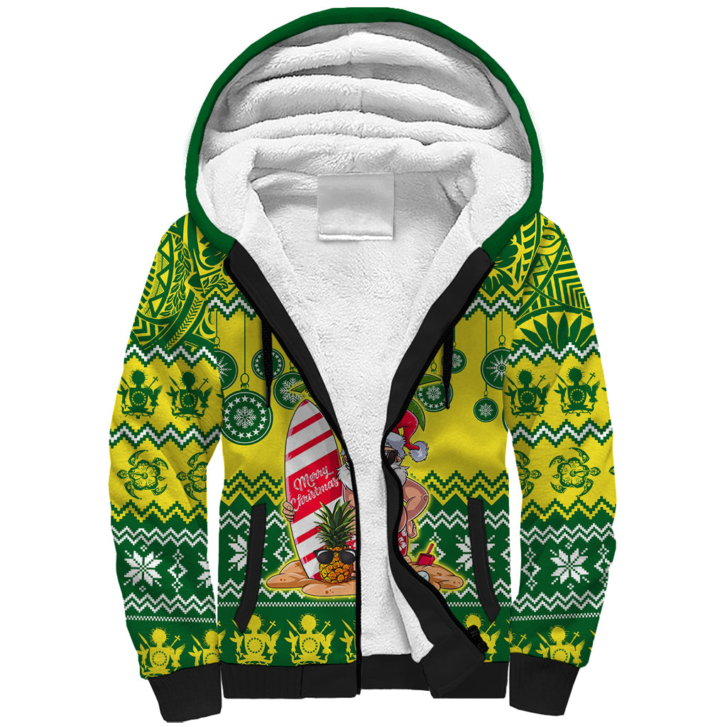 Personalised Cook Islands Christmas Sherpa Hoodie Santa Beach Meri Kiritimiti LT9 Unisex Green - Polynesian Pride