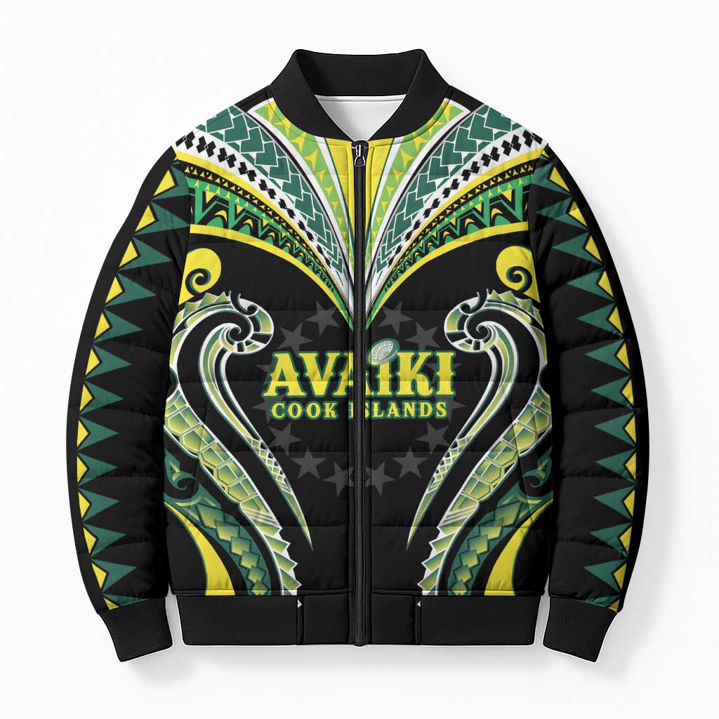 Custom Rugby Cook Islands Avaiki Bomber Puffer Jacket Black Kuki Airani Tribal Maori Inspired - Polynesian Pride