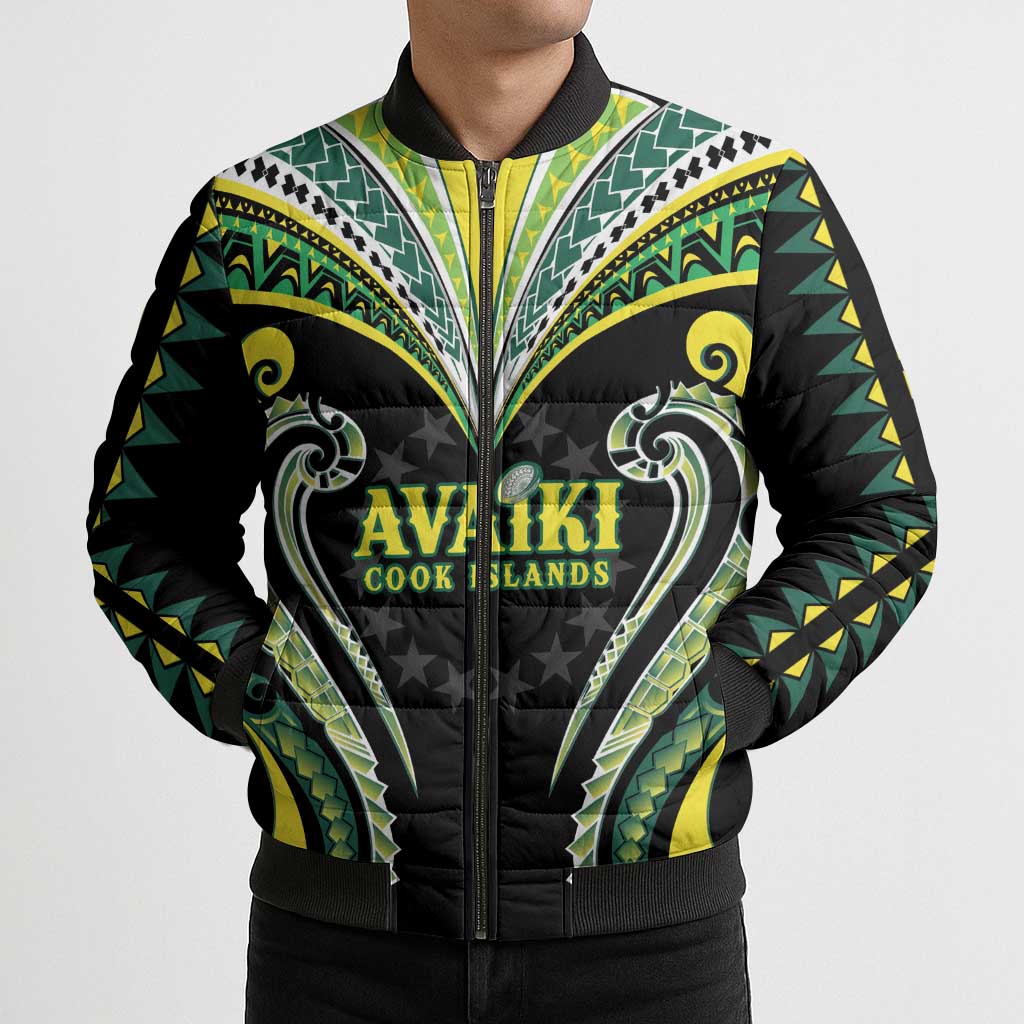Custom Rugby Cook Islands Avaiki Bomber Puffer Jacket Black Kuki Airani Tribal Maori Inspired - Polynesian Pride