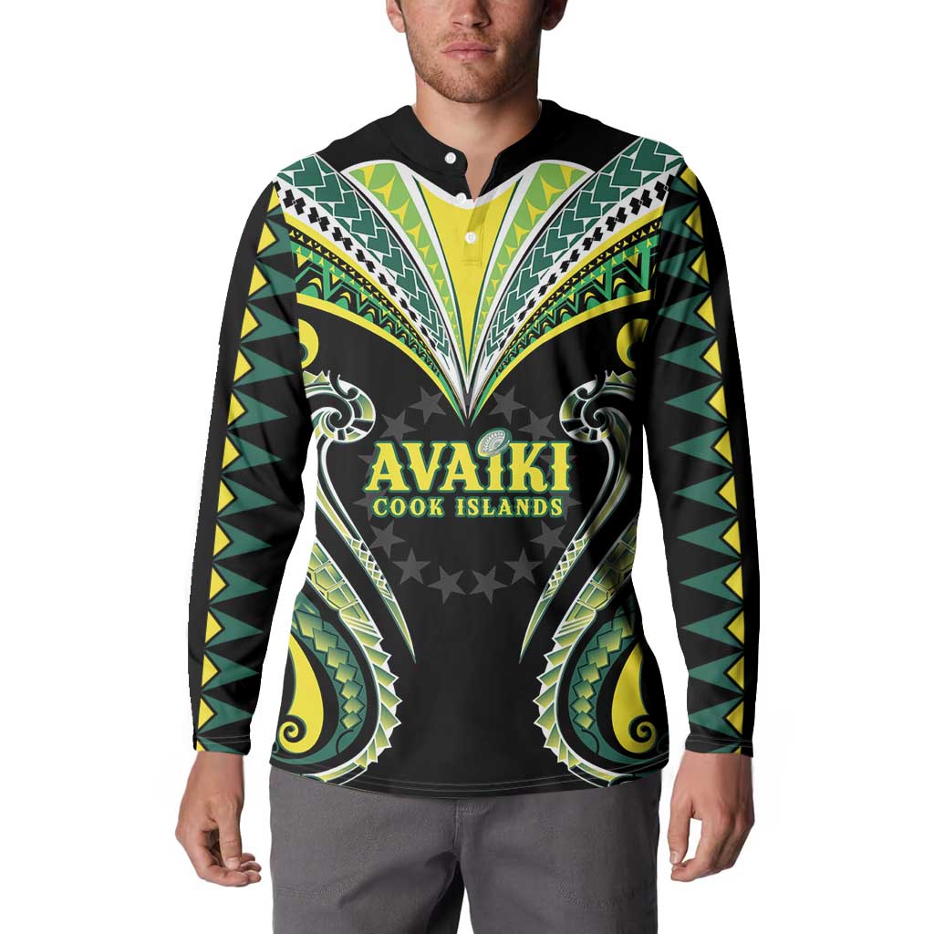 Custom Rugby Cook Islands Avaiki Button Sweatshirt Black Kuki Airani Tribal Maori Inspired - Polynesian Pride