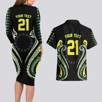 Custom Rugby Cook Islands Avaiki Couples Matching Long Sleeve Bodycon Dress and Hawaiian Shirt Black Kuki Airani Tribal Maori Inspired - Polynesian Pride