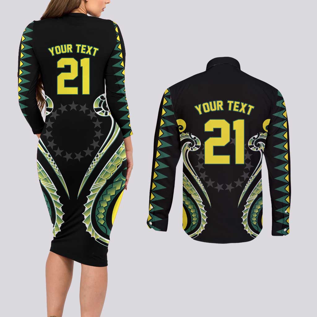 Custom Rugby Cook Islands Avaiki Couples Matching Long Sleeve Bodycon Dress and Long Sleeve Button Shirt Black Kuki Airani Tribal Maori Inspired - Polynesian Pride