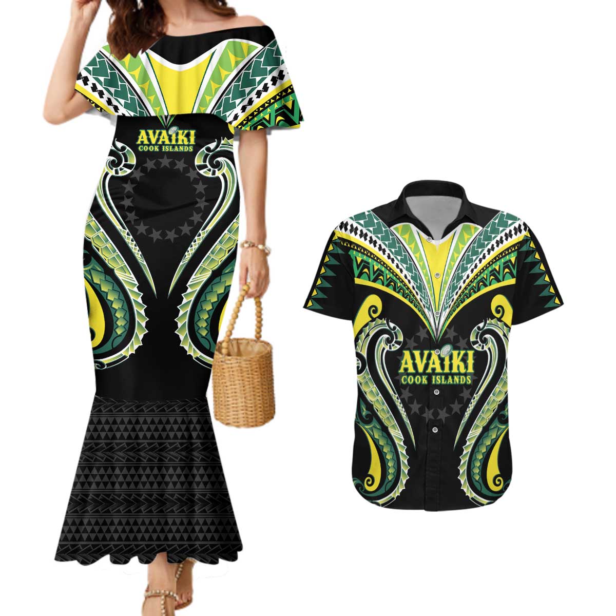 Custom Rugby Cook Islands Avaiki Couples Matching Mermaid Dress and Hawaiian Shirt Black Kuki Airani Tribal Maori Inspired - Polynesian Pride