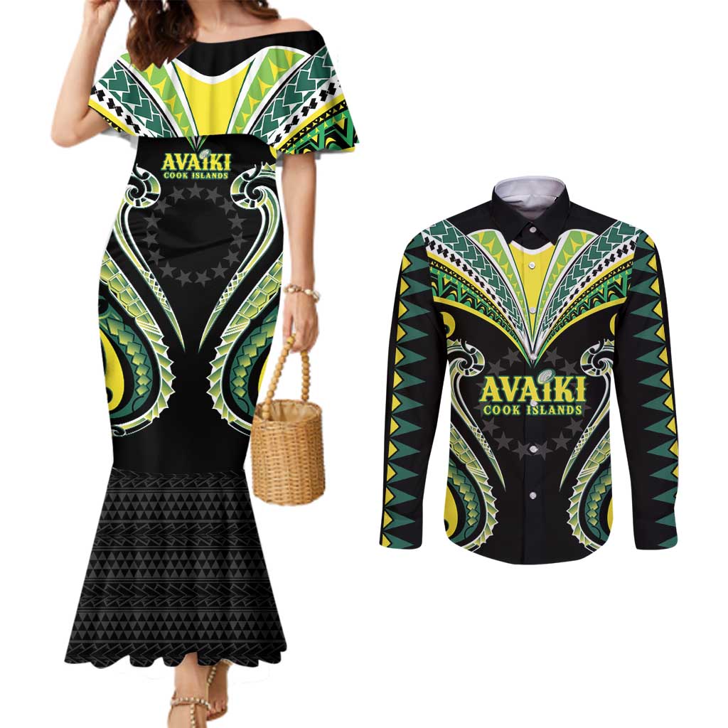 Custom Rugby Cook Islands Avaiki Couples Matching Mermaid Dress and Long Sleeve Button Shirt Black Kuki Airani Tribal Maori Inspired - Polynesian Pride