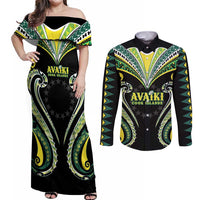 Custom Rugby Cook Islands Avaiki Couples Matching Off Shoulder Maxi Dress and Long Sleeve Button Shirt Black Kuki Airani Tribal Maori Inspired - Polynesian Pride