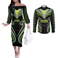 Custom Rugby Cook Islands Avaiki Couples Matching Off The Shoulder Long Sleeve Dress and Long Sleeve Button Shirt Black Kuki Airani Tribal Maori Inspired - Polynesian Pride