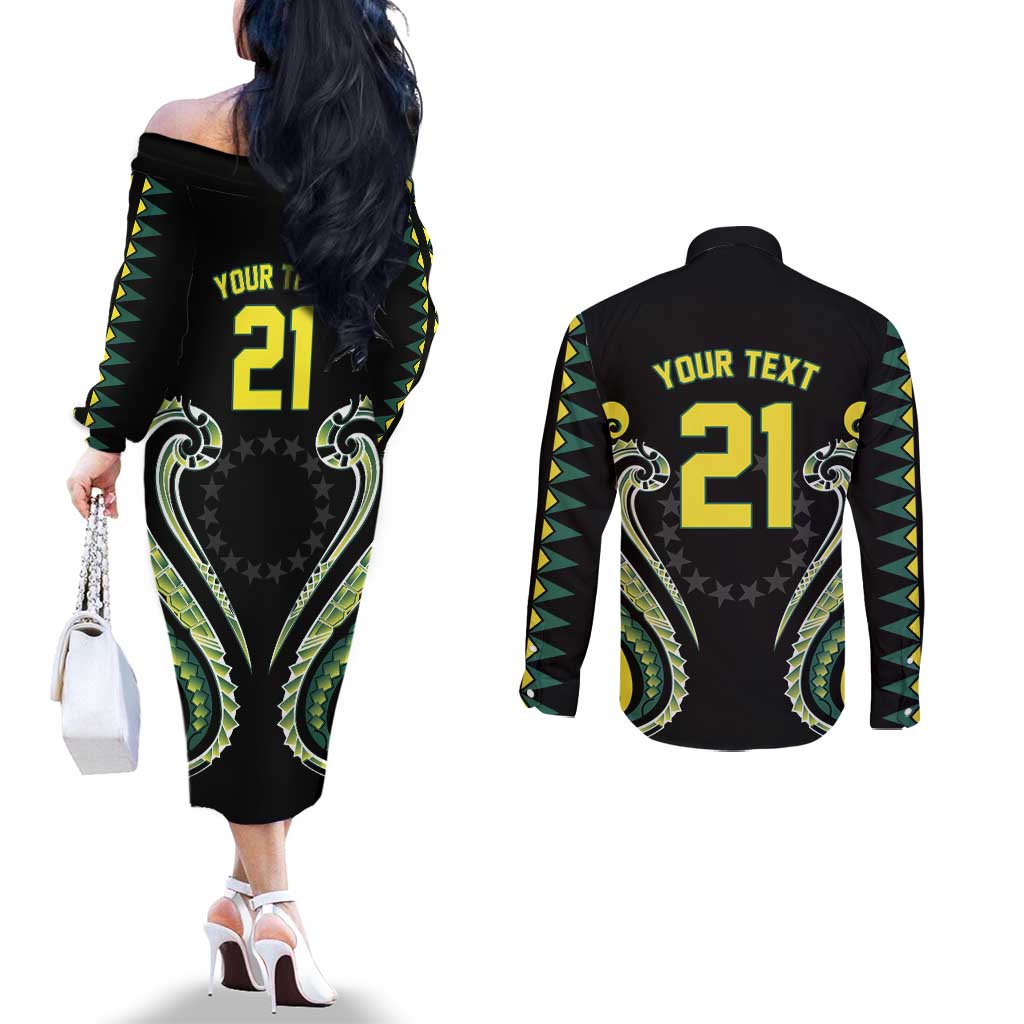 Custom Rugby Cook Islands Avaiki Couples Matching Off The Shoulder Long Sleeve Dress and Long Sleeve Button Shirt Black Kuki Airani Tribal Maori Inspired - Polynesian Pride